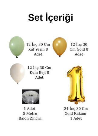 9 Yaş Küf Yeşili Temalı Doğom Günü Seti Metalik Gold Kum Beji Küf Yeşili Balonlar Gold Folyo Rakam