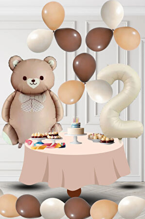 2 Yaş Retro Folyo Karamel Ayıcık Kahverengi Ten Kum Beji Balon Krem Rakam Doğum Günü Süsleme