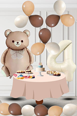 4 Yaş Retro Folyo Karamel Ayıcık Kahverengi Ten Kum Beji Balon Krem Rakam Doğum Günü Süsleme