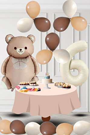 6 Yaş Retro Folyo Karamel Ayıcık Kahverengi Ten Kum Beji Balon Krem Rakam Doğum Günü Süsleme