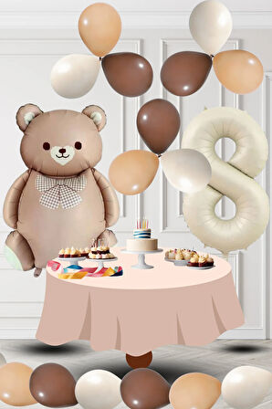 8 Yaş Retro Folyo Karamel Ayıcık Kahverengi Ten Kum Beji Balon Krem Rakam Doğum Günü Süsleme