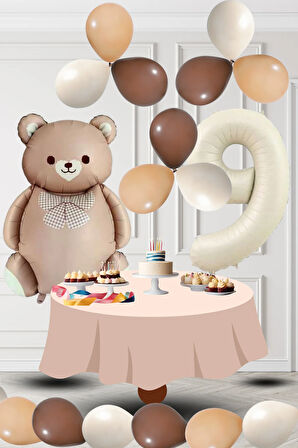 9 Yaş Retro Folyo Karamel Ayıcık Kahverengi Ten Kum Beji Balon Krem Rakam Doğum Günü Süsleme