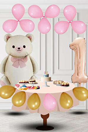 1 Yaş Retro Folyo Krem Ayıcık Pembe Gold Balon Rose Gold Rakam Doğum Günü Süsleme