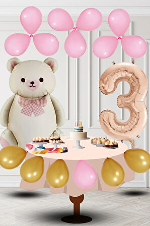 3 Yaş Retro Folyo Krem Ayıcık Pembe Gold Balon Rose Gold Rakam Doğum Günü Süsleme
