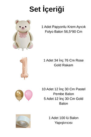 4 Yaş Retro Folyo Krem Ayıcık Pembe Gold Balon Rose Gold Rakam Doğum Günü Süsleme