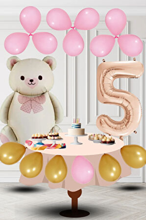 5 Yaş Retro Folyo Krem Ayıcık Pembe Gold Balon Rose Gold Rakam Doğum Günü Süsleme