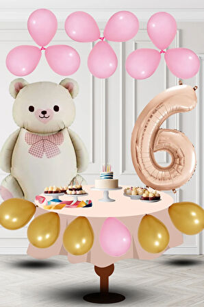 6 Yaş Retro Folyo Krem Ayıcık Pembe Gold Balon Rose Gold Rakam Doğum Günü Süsleme