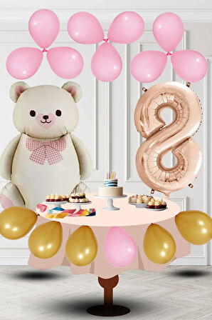 8 Yaş Retro Folyo Krem Ayıcık Pembe Gold Balon Rose Gold Rakam Doğum Günü Süsleme