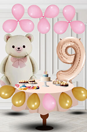 9 Yaş Retro Folyo Krem Ayıcık Pembe Gold Balon Rose Gold Rakam Doğum Günü Süsleme