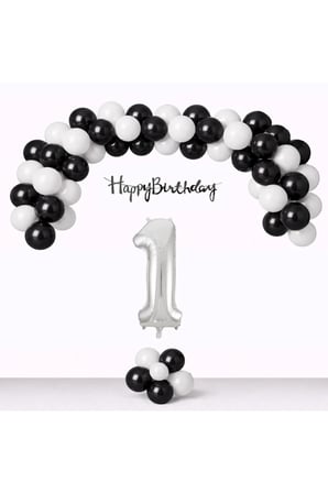 Siyah Beyaz Balonlar Gümüş Happy Birthday Banner Gümüş Rakam Taraftar Doğum Günü