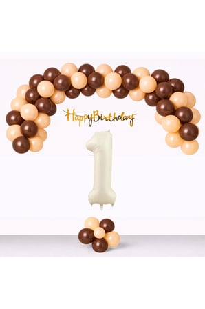 Kahverengi Kum Beji Ten Rengi Balonlar Gold Happy Birthday Banner Krem Rakam Doğum Günü Seti