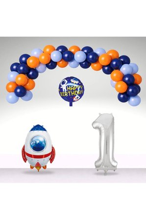 Lacivert Mavi Turuncu Balon Happy Birthday Uzay Mekiği Folyo Balon Gümüş Rakam Doğum Günü Seti