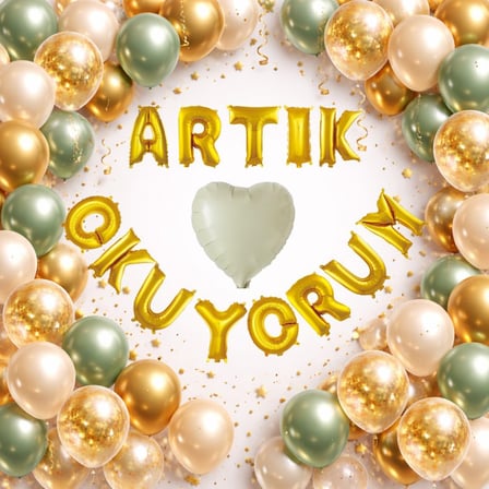 Artık Okuyorum Folyo Harf Balon Küf Yeşili Gold Konfetili Okuma Bayramı Temalı Süsleme