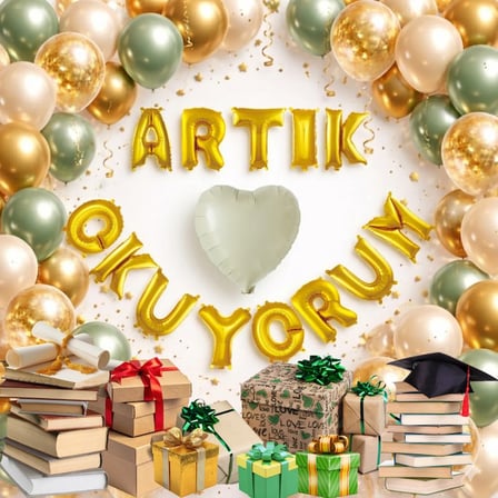Artık Okuyorum Folyo Harf Balon Küf Yeşili Gold Konfetili Okuma Bayramı Temalı Süsleme