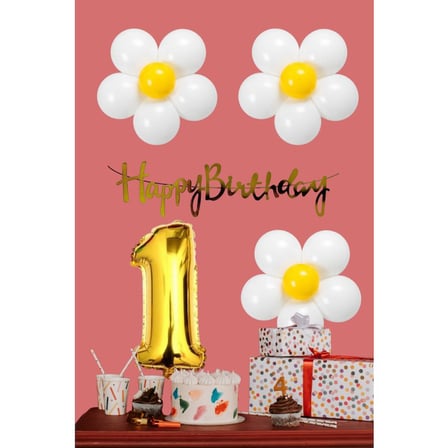 1 Yaş Papatya Temalı Beyaz Sarı Papatya Balon Gold Rakam Gold Banner Doğum Günü Seti