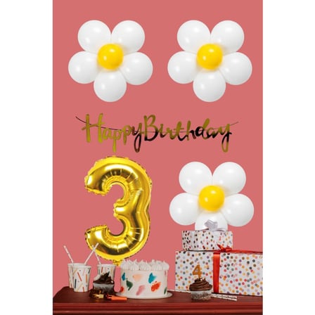 3 Yaş Papatya Temalı Beyaz Sarı Papatya Balon Gold Rakam Gold Banner Doğum Günü Seti