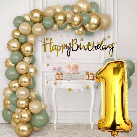 1 Yaş Pompa Hediyeli Doğum Günü Seti Gold Banner Krom Gold Küf Yeşili Kum Beji Balonlar Gold Folyo Rakam