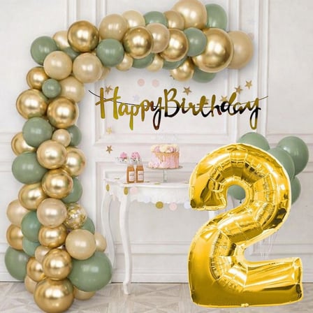 2 Yaş Pompa Hediyeli Doğum Günü Seti Gold Banner Krom Gold Küf Yeşili Kum Beji Balonlar Gold Folyo Rakam