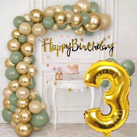 3 Yaş Pompa Hediyeli Doğum Günü Seti Gold Banner Krom Gold Küf Yeşili Kum Beji Balonlar Gold Folyo Rakam