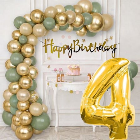 4 Yaş Pompa Hediyeli Doğum Günü Seti Gold Banner Krom Gold Küf Yeşili Kum Beji Balonlar Gold Folyo Rakam