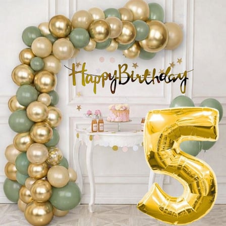 5 Yaş Pompa Hediyeli Doğum Günü Seti Gold Banner Krom Gold Küf Yeşili Kum Beji Balonlar Gold Folyo Rakam