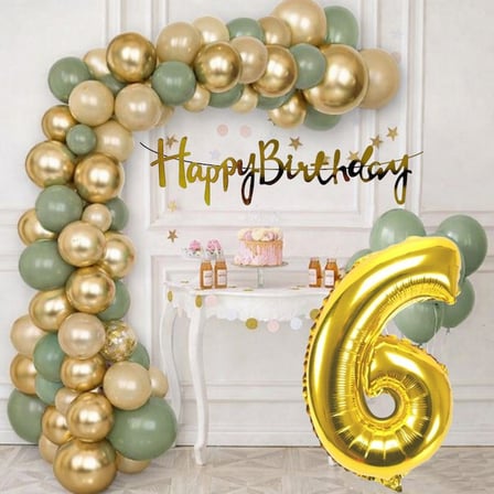 6 Yaş Pompa Hediyeli Doğum Günü Seti Gold Banner Krom Gold Küf Yeşili Kum Beji Balonlar Gold Folyo Rakam