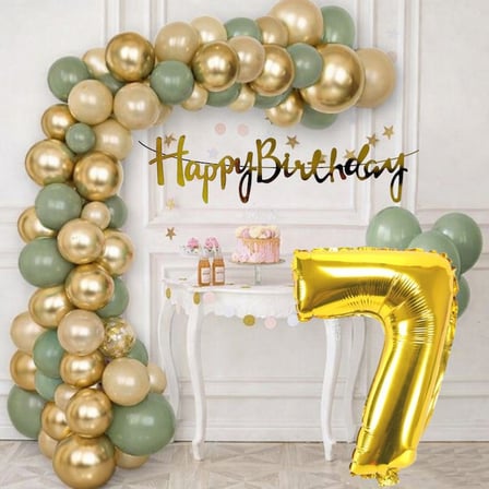 7 Yaş Pompa Hediyeli Doğum Günü Seti Gold Banner Krom Gold Küf Yeşili Kum Beji Balonlar Gold Folyo Rakam