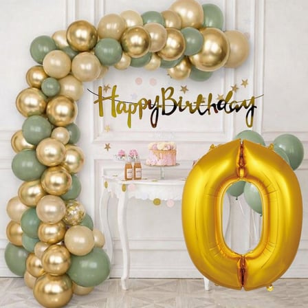 0 Yaş Pompa Hediyeli Doğum Günü Seti Gold Banner Krom Gold Küf Yeşili Kum Beji Balonlar Gold Folyo Rakam