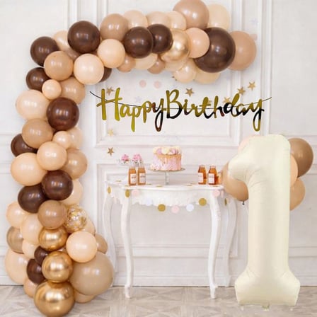 1 Yaş Pompa Hediyeli Doğum Günü Seti Banner Gold Kahverengi Kum Beji Ten Rengi Balonlar Krem Rakam