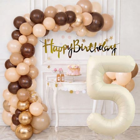 5 Yaş Pompa Hediyeli Doğum Günü Seti Banner Gold Kahverengi Kum Beji Ten Rengi Balonlar Krem Rakam