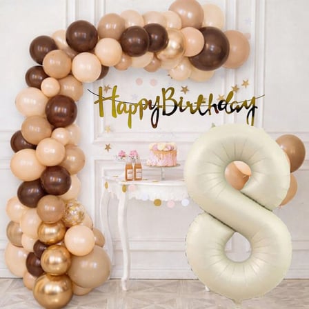 8 Yaş Pompa Hediyeli Doğum Günü Seti Banner Gold Kahverengi Kum Beji Ten Rengi Balonlar Krem Rakam