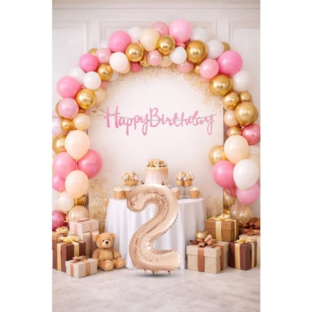 2 Yaş Pompa Hediyeli Doğum Günü Seti Banner Gold Pembe Kum Beji Beyaz Balonlar Rose Gold Rakam