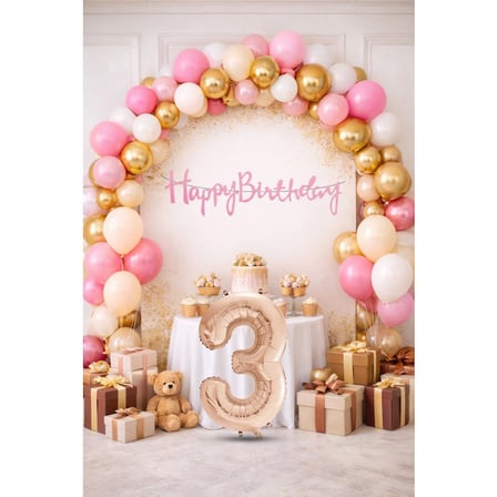 3 Yaş Pompa Hediyeli Doğum Günü Seti Banner Gold Pembe Kum Beji Beyaz Balonlar Rose Gold Rakam