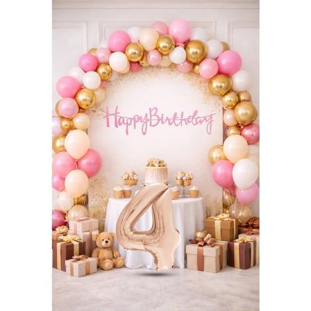 4 Yaş Pompa Hediyeli Doğum Günü Seti Banner Gold Pembe Kum Beji Beyaz Balonlar Rose Gold Rakam