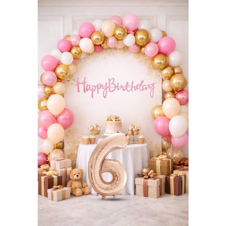 6 Yaş Pompa Hediyeli Doğum Günü Seti Banner Gold Pembe Kum Beji Beyaz Balonlar Rose Gold Rakam