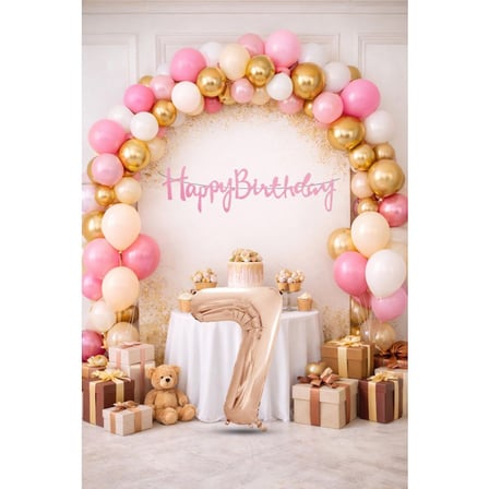 7 Yaş Pompa Hediyeli Doğum Günü Seti Banner Gold Pembe Kum Beji Beyaz Balonlar Rose Gold Rakam
