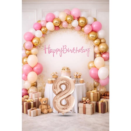 8 Yaş Pompa Hediyeli Doğum Günü Seti Banner Gold Pembe Kum Beji Beyaz Balonlar Rose Gold Rakam