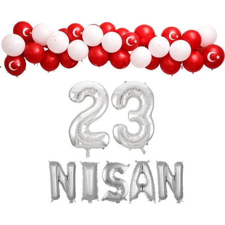 23 Nisan Çocuk Bayramı Temalı Gümüş Folyo Rakam ve Harf Kırmızı Beyaz Balonlar