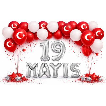 19 Mayıs Gençlik ve Spor Bayramı Temalı Gümüş Folyo Rakam ve Harf Kırmızı Beyaz Ay Yıldız Balonlar