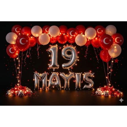 Ay-Yıldız Ledli 19 Mayıs Bayram Temalı Gümüş Folyo Rakam ve Harf Kırmızı Beyaz Ay Yıldız Balonlar