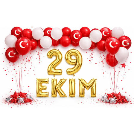 29 Ekim Cumhuriyet Bayramı Temalı Gold Folyo Rakam ve Harf Kırmızı Beyaz Ay Yıldız Balonlar