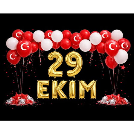 29 Ekim Cumhuriyet Bayramı Temalı Gold Folyo Rakam ve Harf Kırmızı Beyaz Ay Yıldız Balonlar