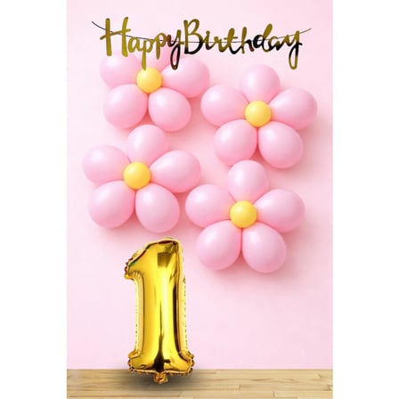 1 Yaş Pembe Sarı Papatya Temalı Gold Rakam Gold Happy Birthday Banner Doğum Günü Süsleme
