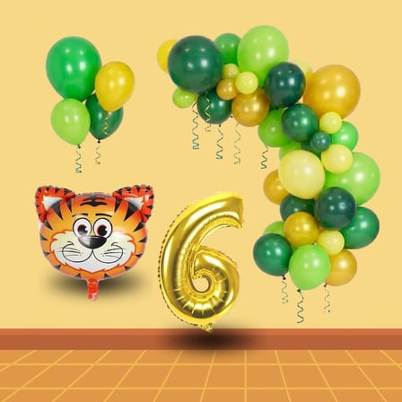 6 Yaş Safari Temalı Folyo Kaplan Yeşil Sarı Gold Balonlar Gold Rakam Doğum Günü Süsü
