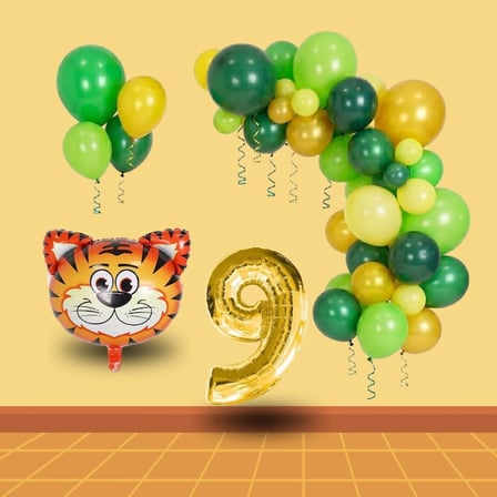 9 Yaş Safari Temalı Folyo Kaplan Yeşil Sarı Gold Balonlar Gold Rakam Doğum Günü Süsü
