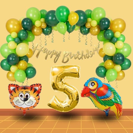 5 Yaş Pompa Hediyeli Safari Tema Folyo Kaplan Papağan Gold Rakam Yeşil Sarı Gold Balon Doğum Günü Süsü