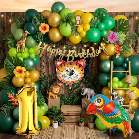 5 Yaş Pompa Hediyeli Safari Tema Folyo Kaplan Papağan Gold Rakam Yeşil Sarı Gold Balon Doğum Günü Süsü