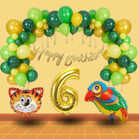 6 Yaş Pompa Hediyeli Safari Tema Folyo Kaplan Papağan Gold Rakam Yeşil Sarı Gold Balon Doğum Günü Süsü