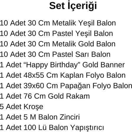 8 Yaş Pompa Hediyeli Safari Tema Folyo Kaplan Papağan Gold Rakam Yeşil Sarı Gold Balon Doğum Günü Süsü