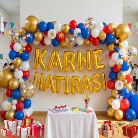 Karne Temalı Karne Hatırası Gold Folyo Harf Kırmızı Beyaz Mavi Gold Balon Süsleme